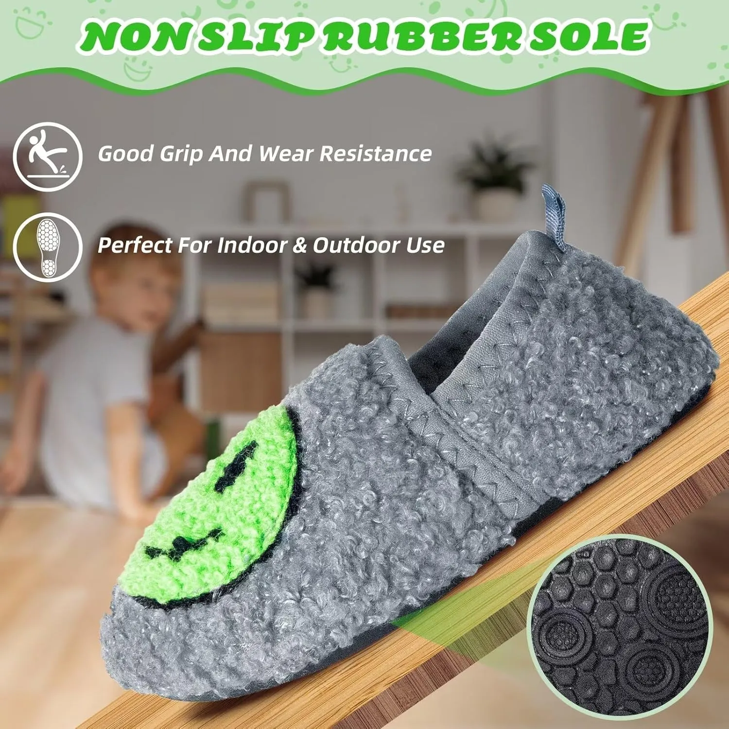 KEYUSHOP Smile Face Toddler Kids Slippers - Cute Soft Plush Non-Slip Rubber Sole Socks Shoes - Warm, Lightweight, Outdoor Walking Shoes