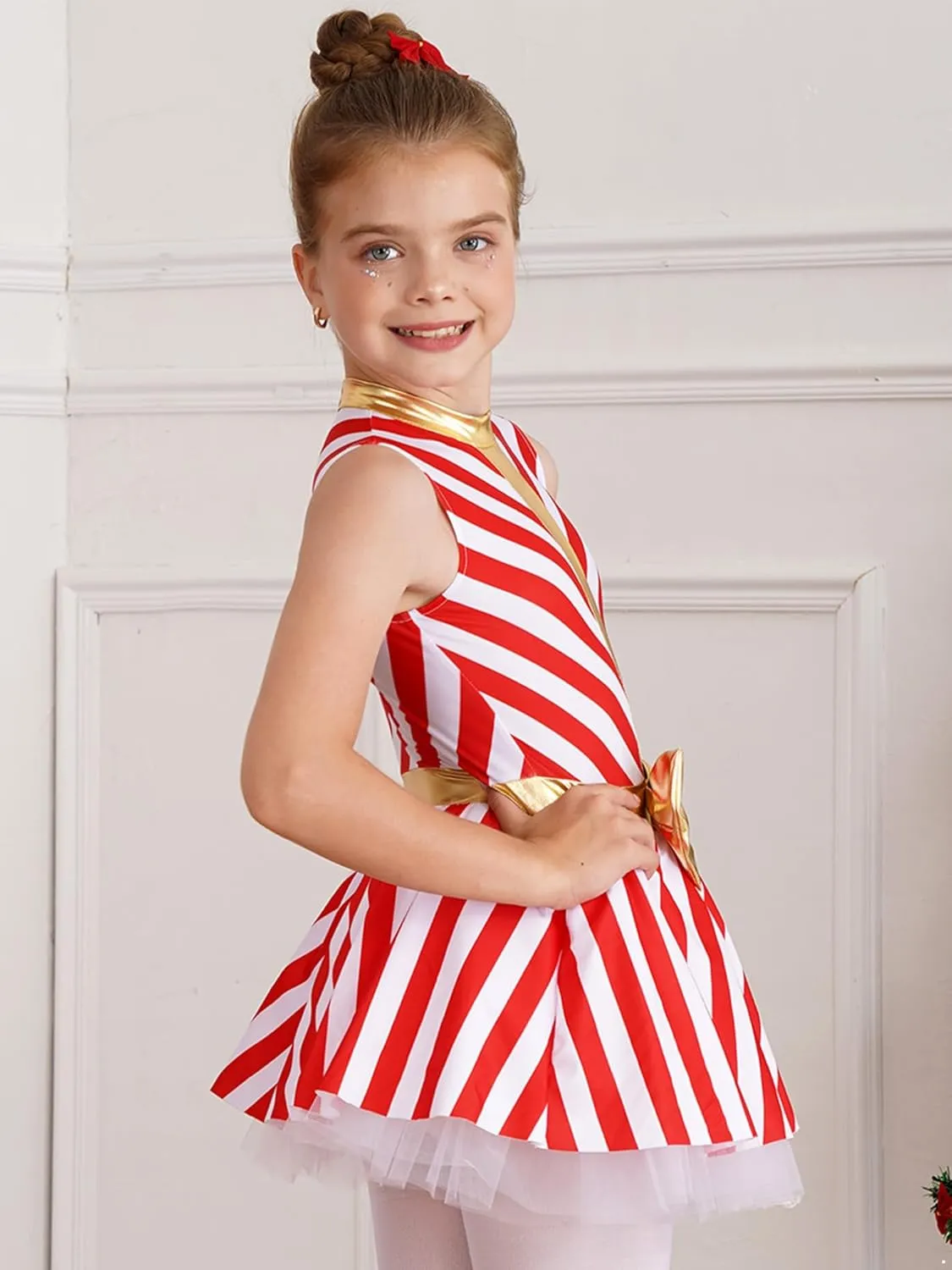 Kids Girls Christmas Dance Costumes Candy Cane Striped Ballet Dance Tutu Dress Figure Ice Skating Dress Dancewear