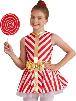Kids Girls Christmas Dance Costumes Candy Cane Striped Ballet Dance Tutu Dress Figure Ice Skating Dress Dancewear