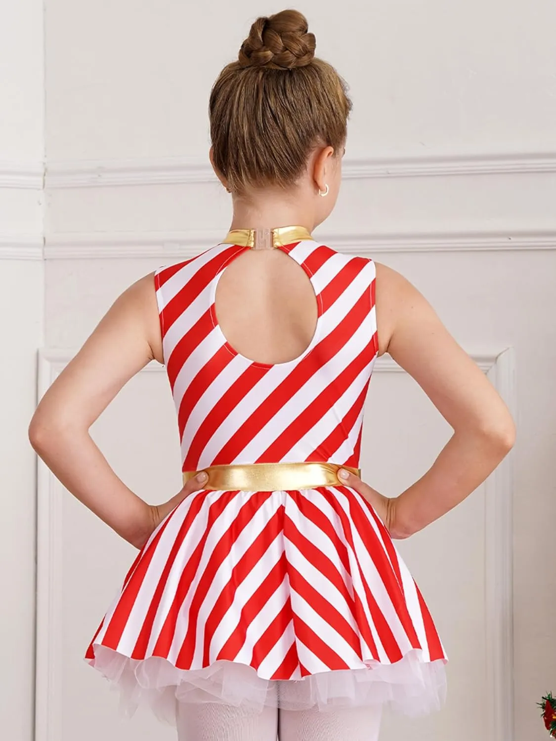 Kids Girls Christmas Dance Costumes Candy Cane Striped Ballet Dance Tutu Dress Figure Ice Skating Dress Dancewear