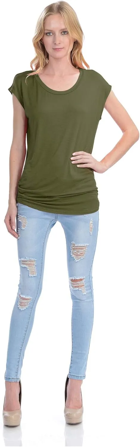 KOGMO Womens Short Sleeve Solid Basic Tunic Top Tee with Side Shirring