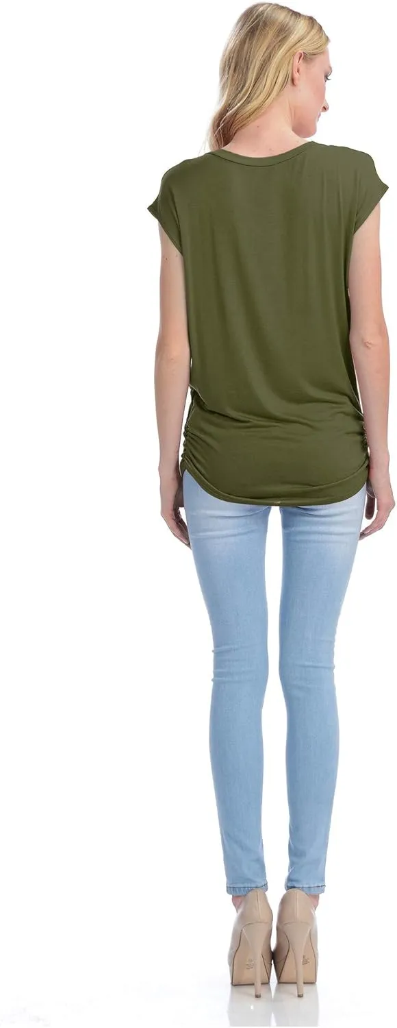KOGMO Womens Short Sleeve Solid Basic Tunic Top Tee with Side Shirring