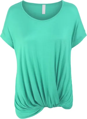 KOGMO Womens Solid Basic Boatneck Dolman Top with Knot on Hemline