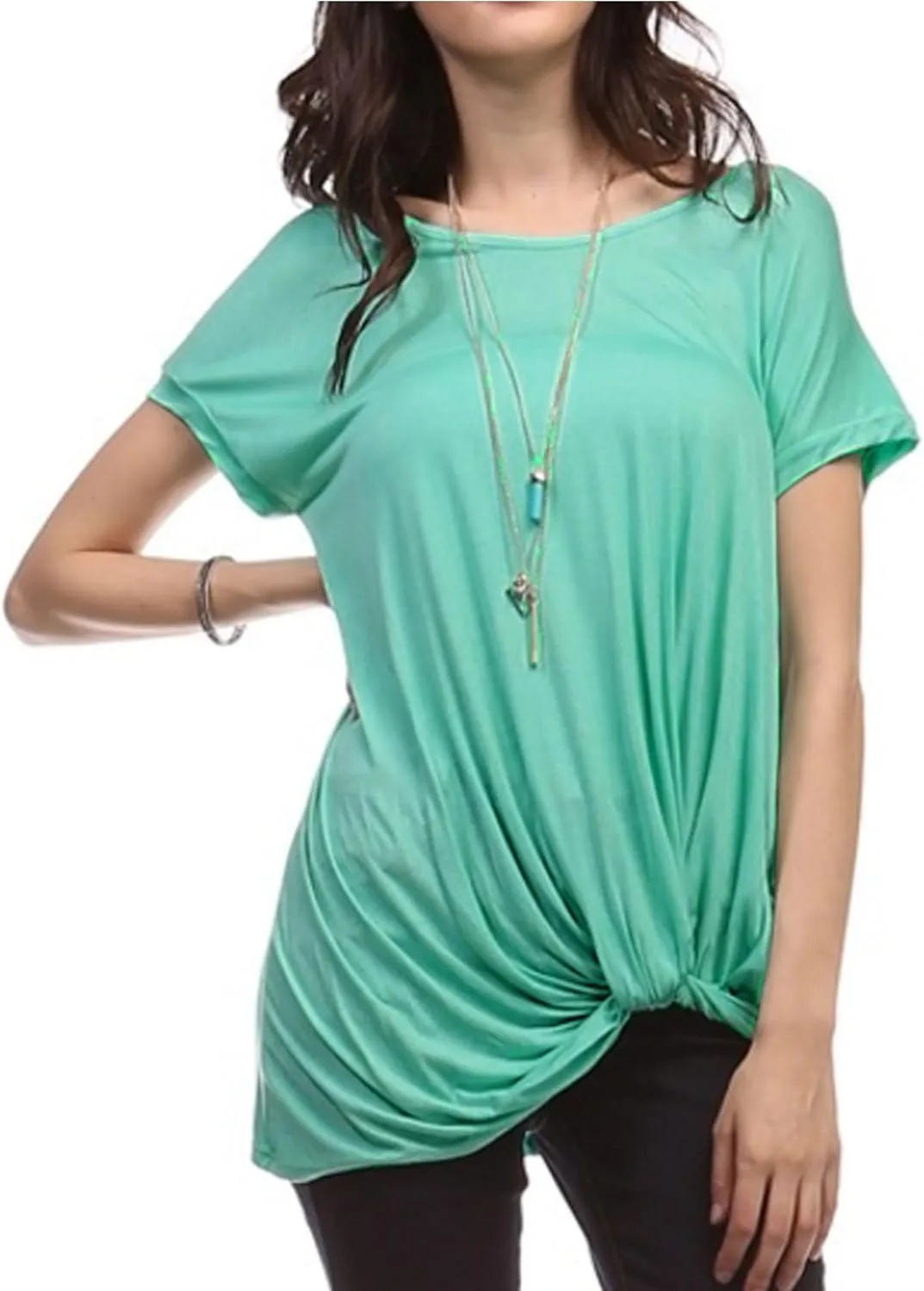 KOGMO Womens Solid Basic Boatneck Dolman Top with Knot on Hemline
