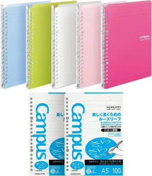 Kokuyo Campus Smart Ring Binders 5 Pack, A5 Binder Notebooks in 5 Colors, Up to 25 Sheets 20 Holes Slim Binder Folder and 200 Campus Sarasara Loose-leaf Paper for Work, Study and Journal, Japan Import