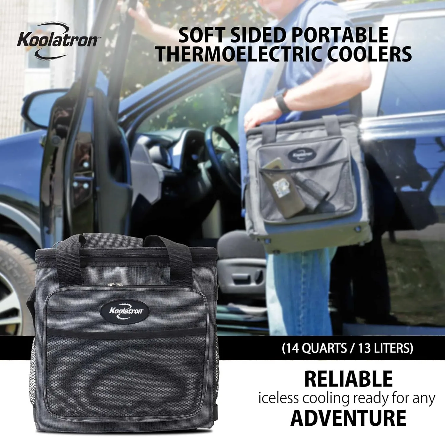 Koolatron Electric Portable Cooler Plug in 12V Car Cooler Bag, 14 qt (13 L) Black/Gray Soft-Sided No Ice Thermo Electric Portable Fridge for Camping, Adjustable Shoulder StrapTravel Road Trips.