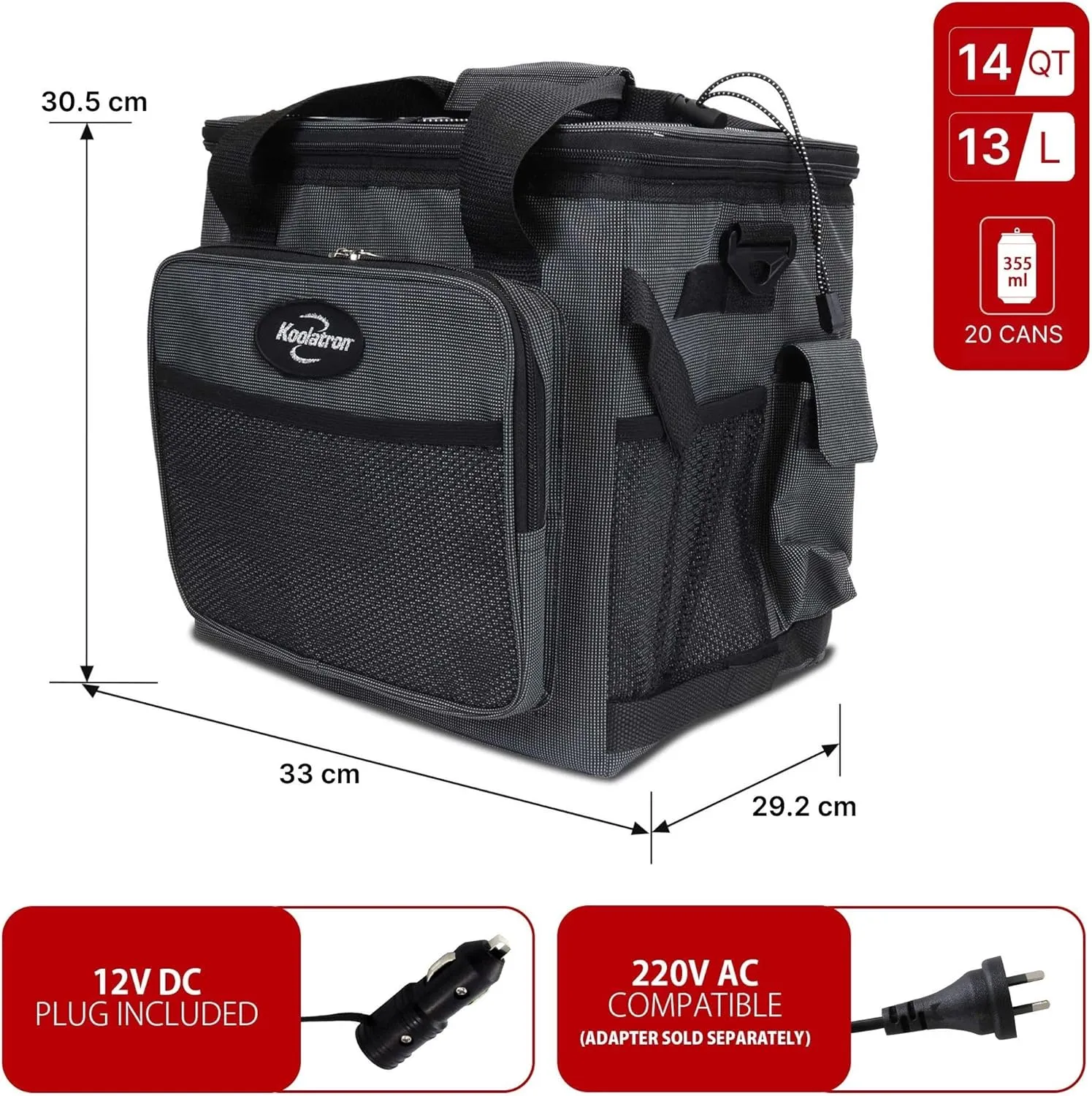 Koolatron Electric Portable Cooler Plug in 12V Car Cooler Bag, 14 qt (13 L) Black/Gray Soft-Sided No Ice Thermo Electric Portable Fridge for Camping, Adjustable Shoulder StrapTravel Road Trips.
