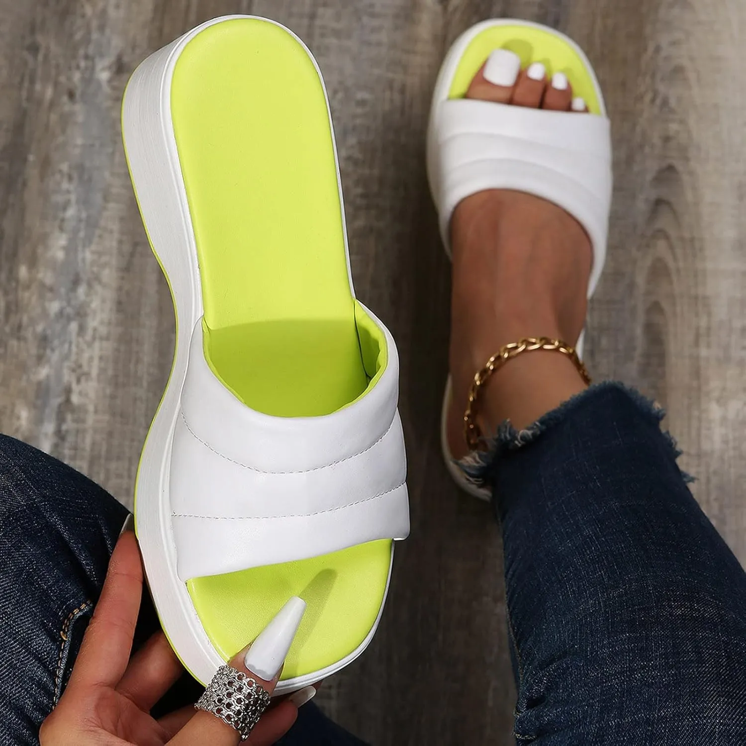 Ladies Fashion Summer Colorblock Leather Comfort Open Toe Thick Sole Slippers Womens Slides Leather