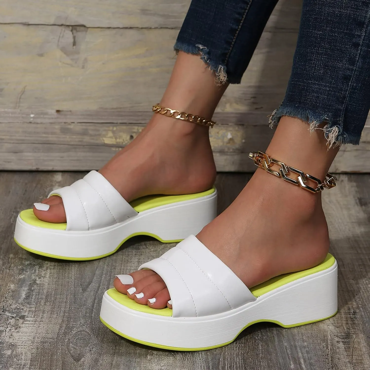 Ladies Fashion Summer Colorblock Leather Comfort Open Toe Thick Sole Slippers Womens Slides Leather