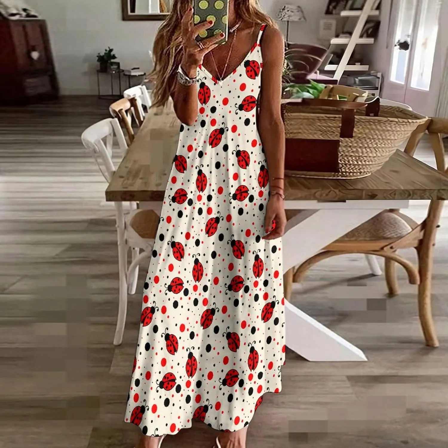 Ladybug Print Suspender Dresses Womens Sexy Ankle Length Frock Halter Skirts Sleeveless Casual Flowy Home Long Skirt
