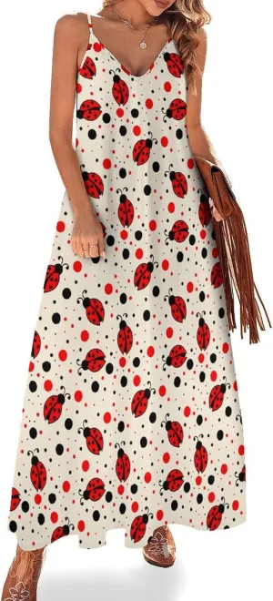 Ladybug Print Suspender Dresses Womens Sexy Ankle Length Frock Halter Skirts Sleeveless Casual Flowy Home Long Skirt