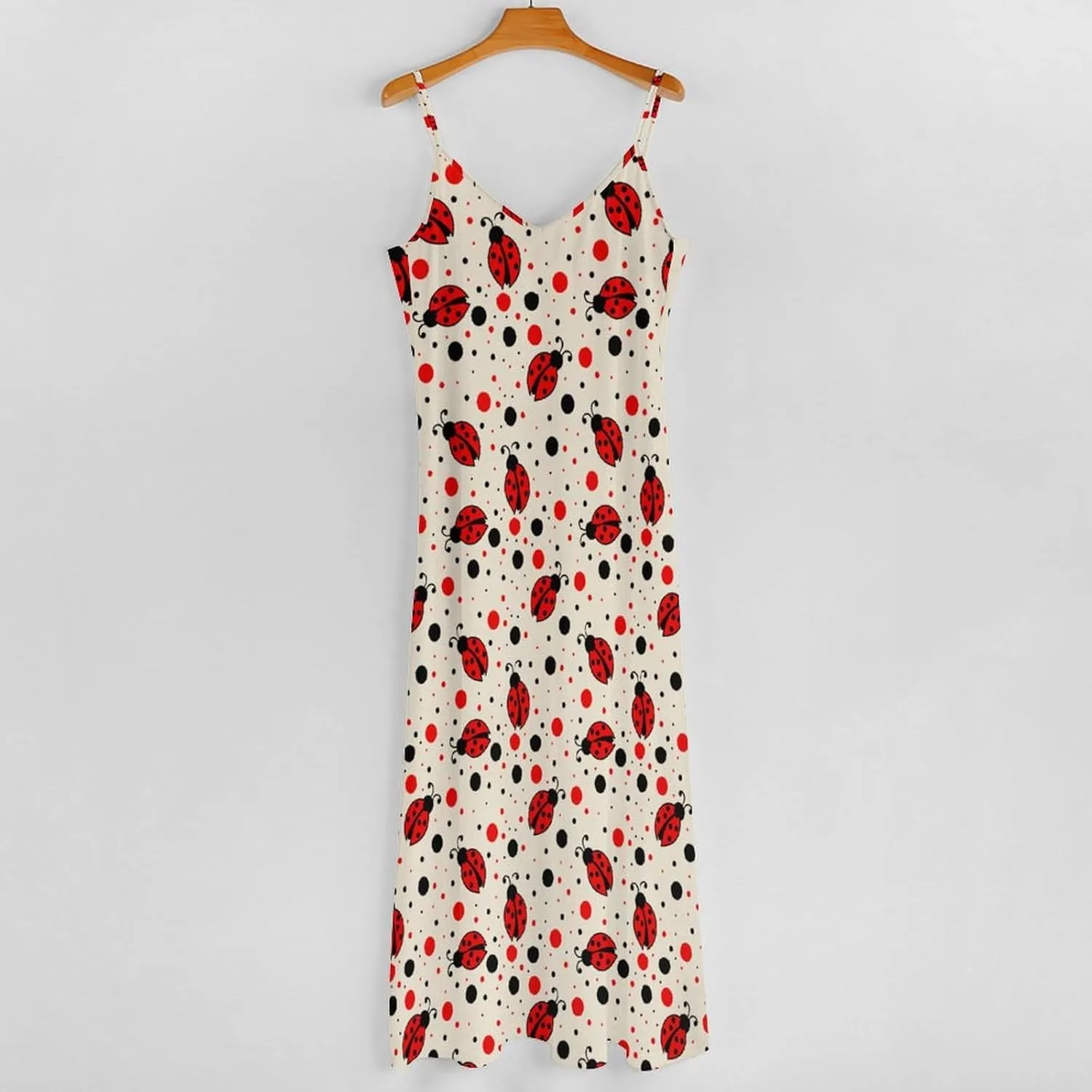 Ladybug Print Suspender Dresses Womens Sexy Ankle Length Frock Halter Skirts Sleeveless Casual Flowy Home Long Skirt