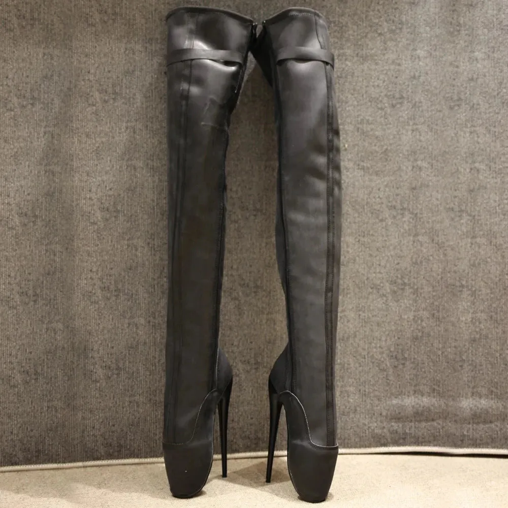 Latex Material Ballet Boots Thin Heel Side-Zip Over-the-Knee Women Sexy Fetish Stretch Boots