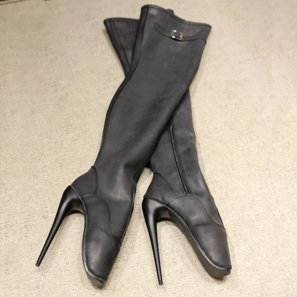 Latex Material Ballet Boots Thin Heel Side-Zip Over-the-Knee Women Sexy Fetish Stretch Boots