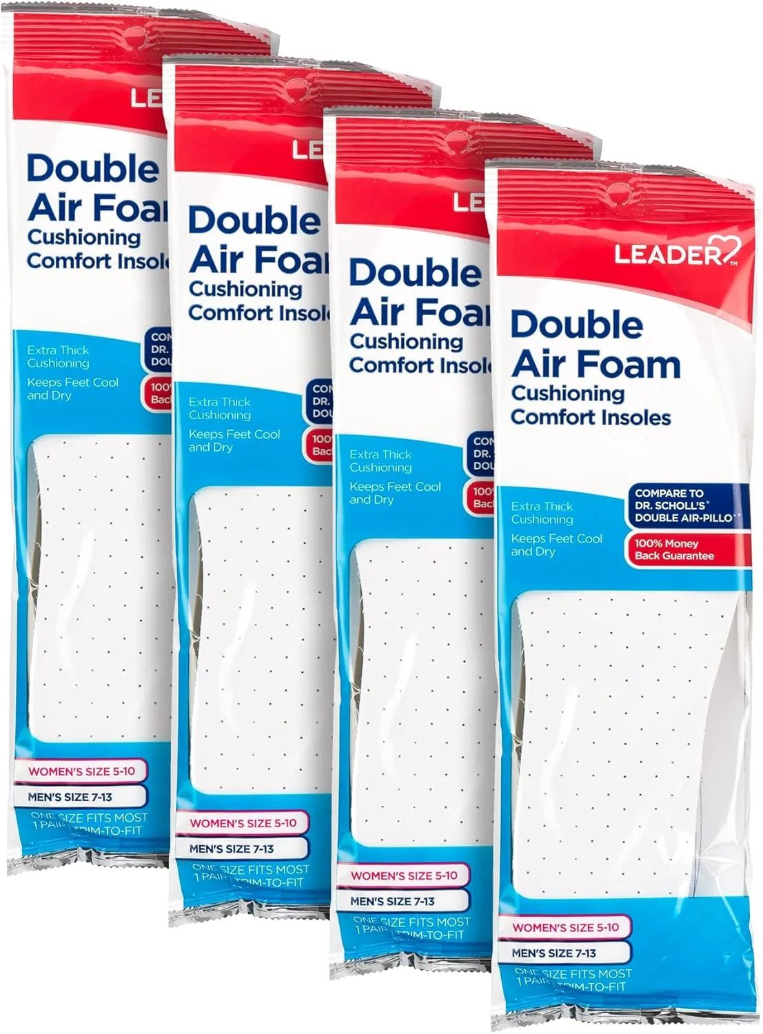 LEADER Double Air Foam Insoles, Keeps Feet Cool & Dry, Extra Thick Dual Layer, for Men & Women, One Size Fits Most, Trim to Size, Unisex, Compare to Dr. Scholls Air-Pillo, 1 Pair - Pack of 4