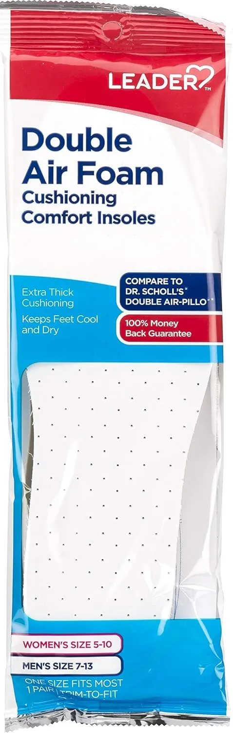 LEADER Double Air Foam Insoles, Keeps Feet Cool & Dry, Extra Thick Dual Layer, for Men & Women, One Size Fits Most, Trim to Size, Unisex, Compare to Dr. Scholls Air-Pillo, 1 Pair - Pack of 4