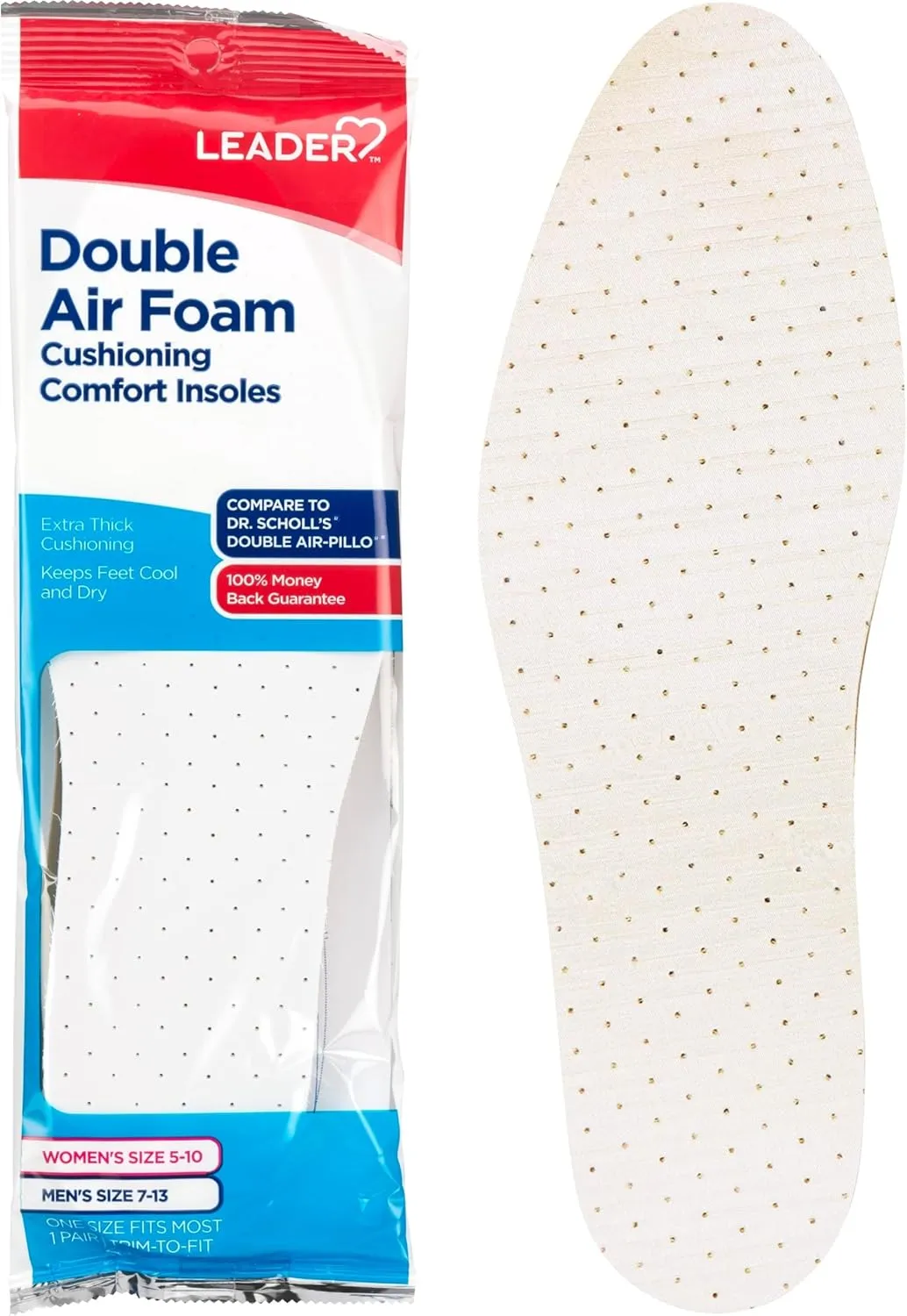 LEADER Double Air Foam Insoles, Keeps Feet Cool & Dry, Extra Thick Dual Layer, for Men & Women, One Size Fits Most, Trim to Size, Unisex, Compare to Dr. Scholls Air-Pillo, 1 Pair - Pack of 4