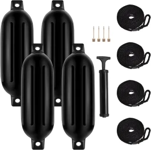 LEAP Boat Fender Inflatable Ribbed Boat Fender/Bumper (4 Pack) with 4 X 78 Fender Lines,Pump and 4 Needles, Marine-Grade UV-Resistant PVC G2