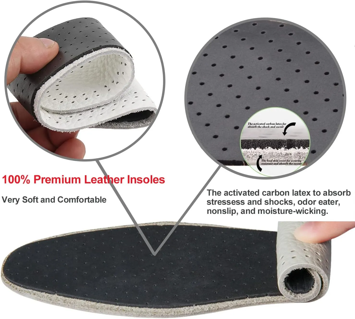 Leather Insoles for Women Nonslip Thin Shoe Pads with Activated Carbon Foam for Odor Eaters Thin Leather Inserts for Womens Flat Feet (3 Pairs/Womens US 5-5.5)