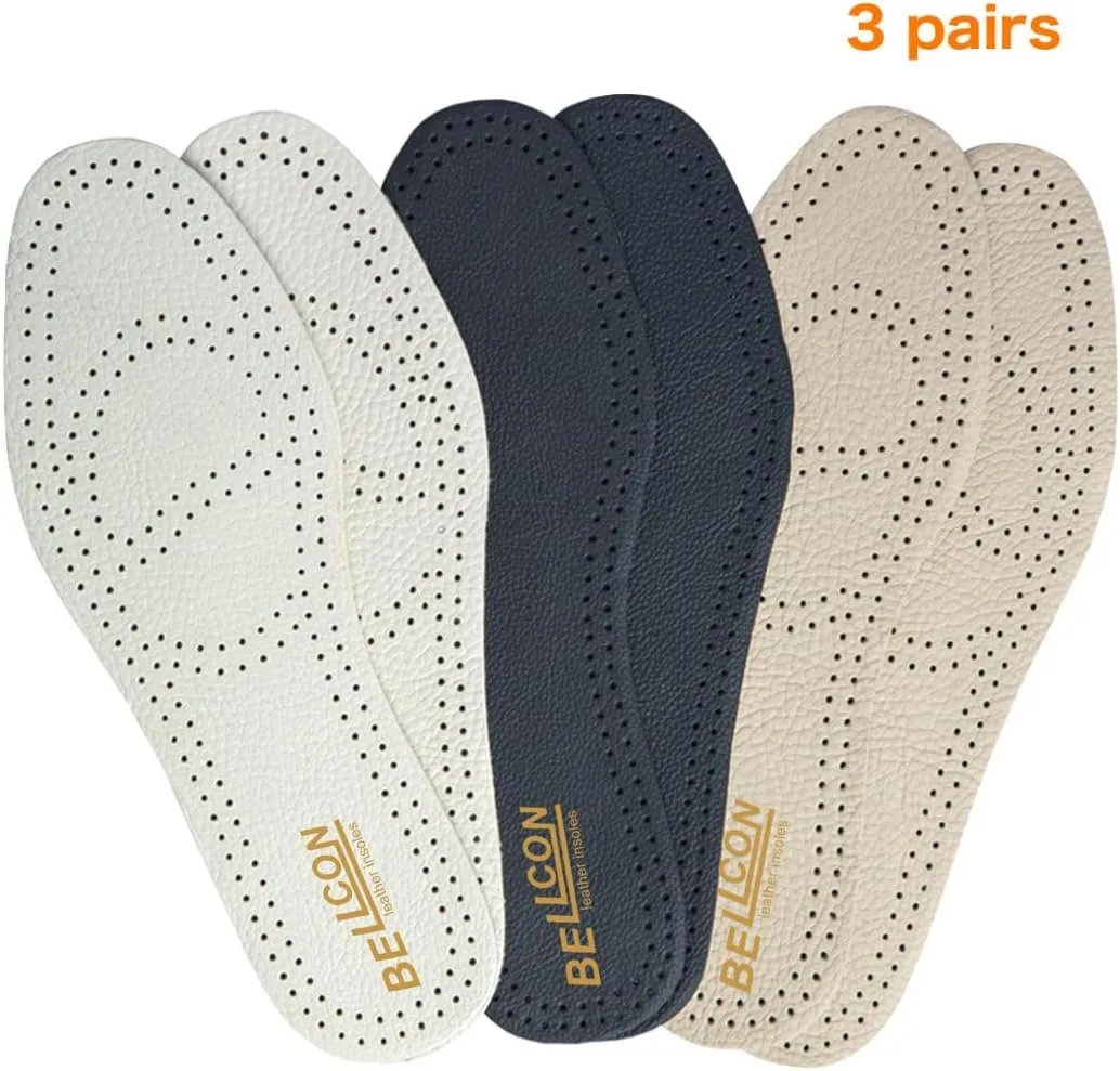 Leather Insoles for Women Nonslip Thin Shoe Pads with Activated Carbon Foam for Odor Eaters Thin Leather Inserts for Womens Flat Feet (3 Pairs/Womens US 5-5.5)