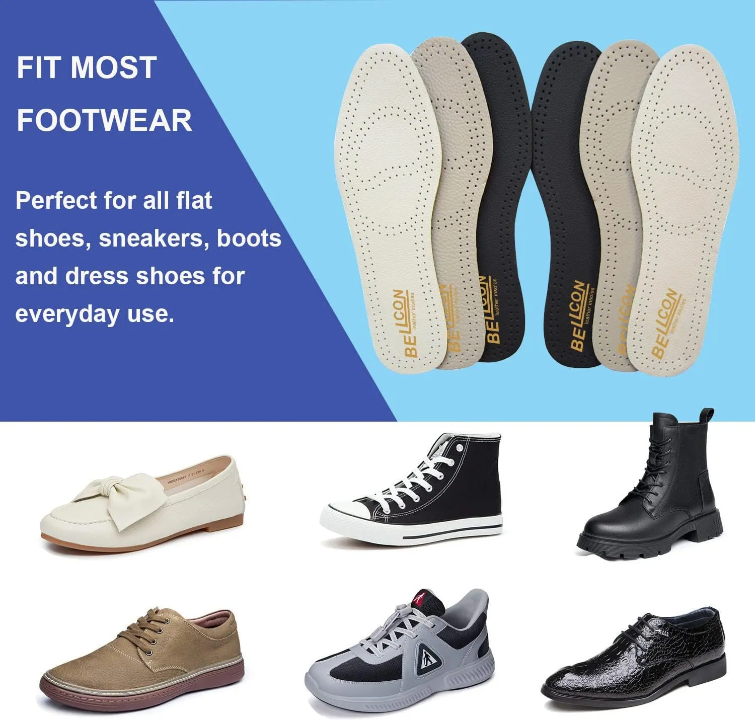 Leather Insoles for Women Nonslip Thin Shoe Pads with Activated Carbon Foam for Odor Eaters Thin Leather Inserts for Womens Flat Feet (3 Pairs/Womens US 5-5.5)