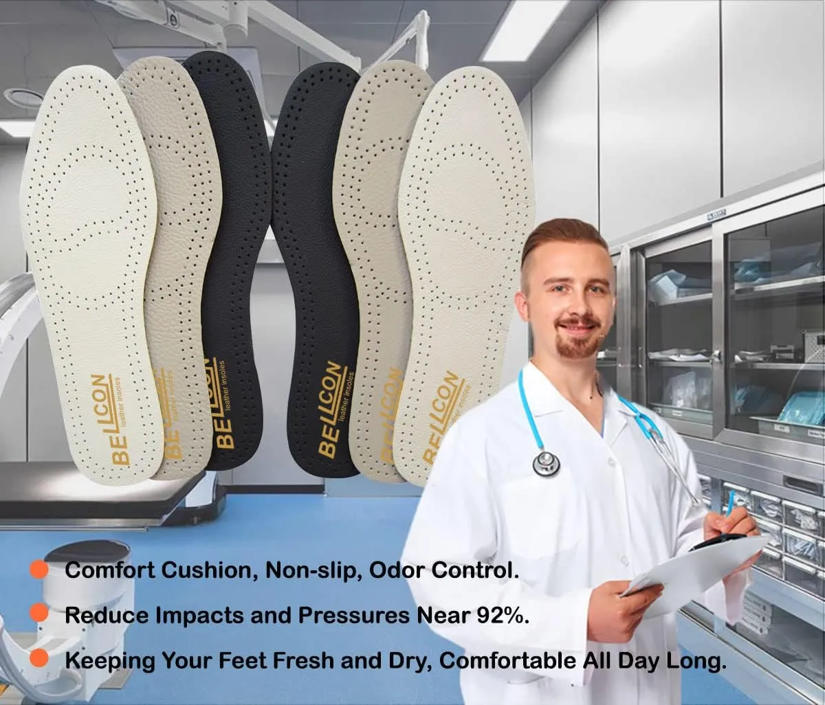 Leather Insoles for Women Nonslip Thin Shoe Pads with Activated Carbon Foam for Odor Eaters Thin Leather Inserts for Womens Flat Feet (3 Pairs/Womens US 5-5.5)