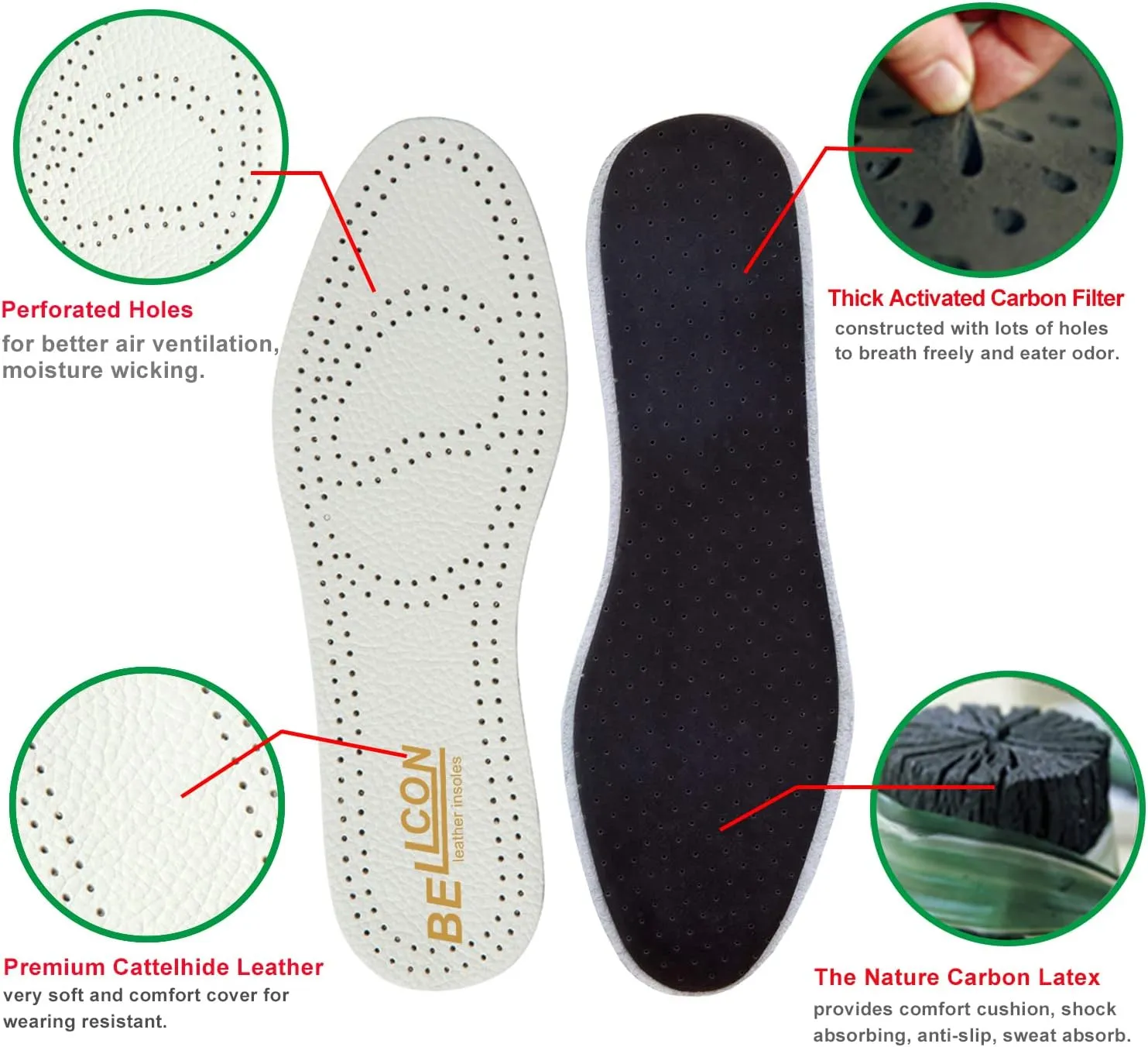 Leather Insoles for Women Nonslip Thin Shoe Pads with Activated Carbon Foam for Odor Eaters Thin Leather Inserts for Womens Flat Feet (3 Pairs/Womens US 5-5.5)