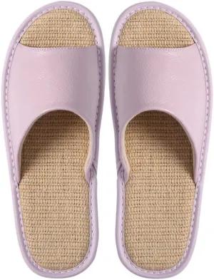 Leather Slippers for Men Indoor Outdoor, Breathable House Slippers, Linen Foot pad Durable PVC Rubber Non-Slip Sole for Office Room Home(Size:EUR35-36,Color:Purple)