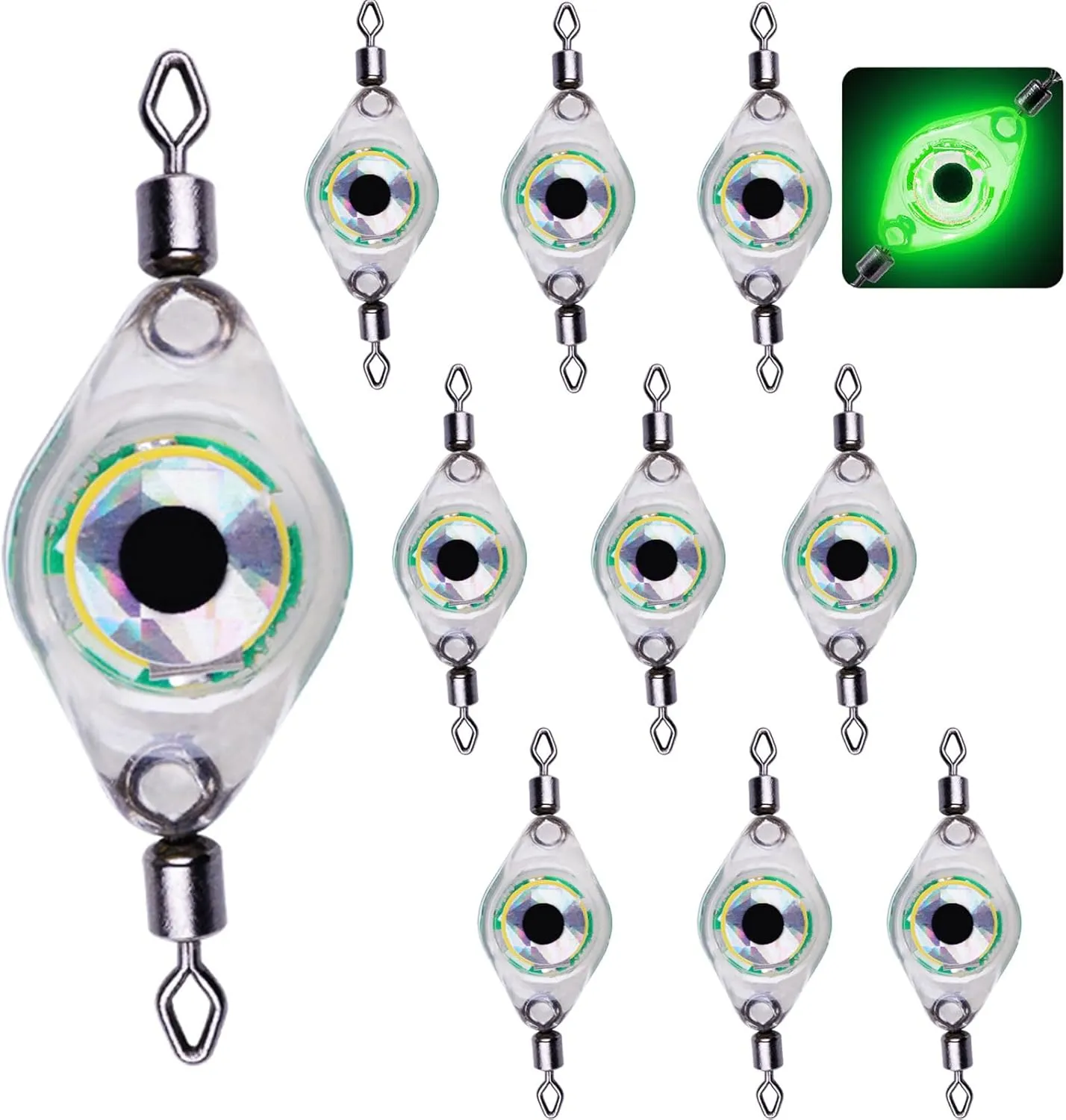 LED Fishing Light Underwater Flasher Lights (10-Pack) Waterproof LED Lighted Bait Halibut Flasher Underwater Fishing Lure Green Light Deep Drop Double Swivel Fishing Light (Green)