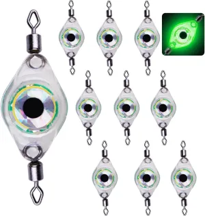 LED Fishing Light Underwater Flasher Lights (10-Pack) Waterproof LED Lighted Bait Halibut Flasher Underwater Fishing Lure Green Light Deep Drop Double Swivel Fishing Light (Green)