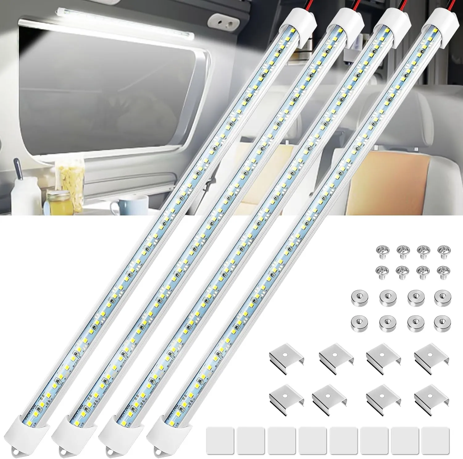 Linkstyle 4PCS 12V LED Interior Light Bar, 192LEDs 12V LED Light Strip with Switch, 6500K Slim Car Interior Lights for Car Truck RV Boat Cabinet