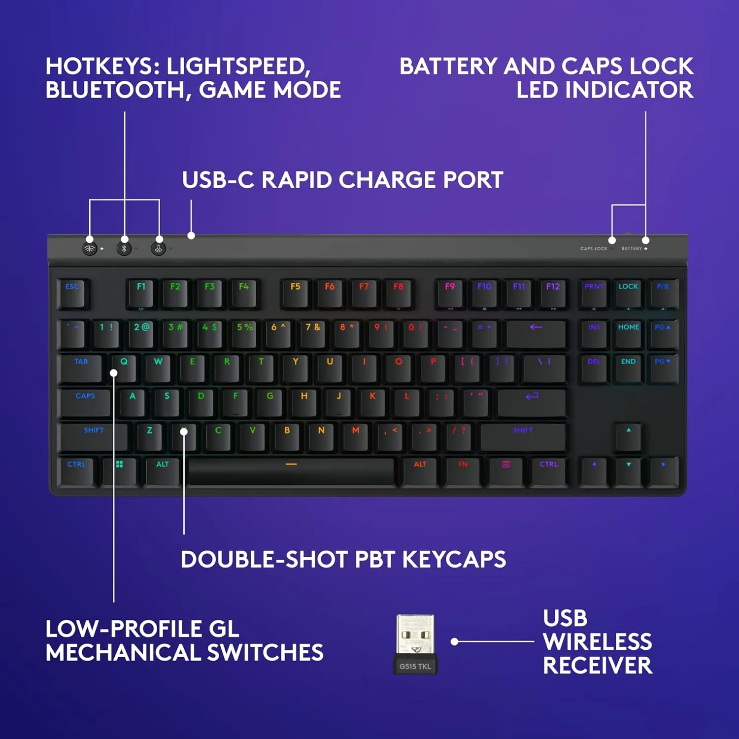 Logitech G515 Wireless Gaming Keyboard TKL, LIGHTSYNC RGB, Thin Tenkeyless Design, Double-Shot PBT Keycaps, Tactile Brown Mechanical Switches - Black