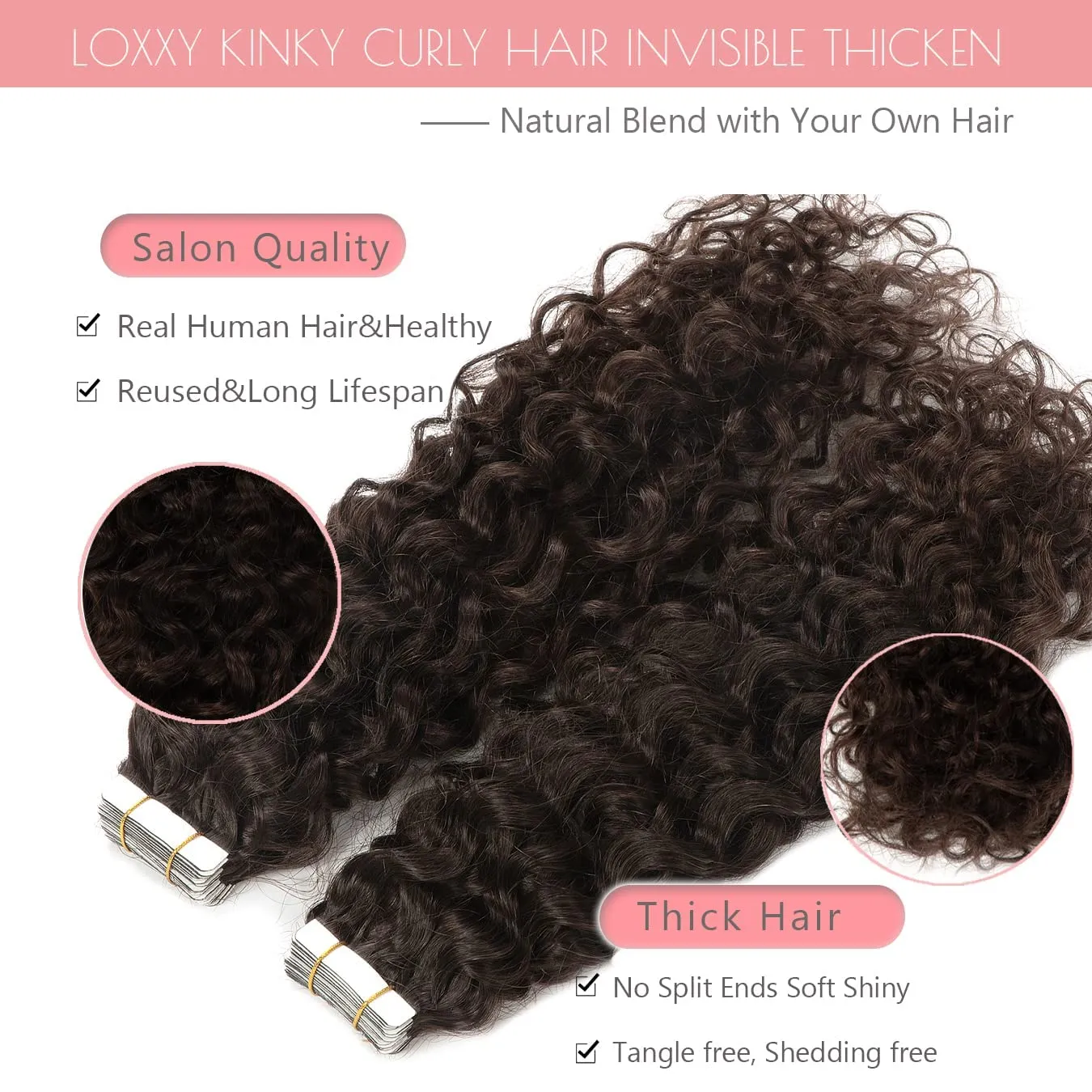 Loxxy Human Hair Extensions Tape in 14inch #2 Jerry Curly Invisible Seamless Skin Weft Darker Brown 100% Remy Human Hair Curly Extensions, with Extra Tape Bands 16pieces 40grams/per