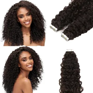 Loxxy Human Hair Extensions Tape in 14inch #2 Jerry Curly Invisible Seamless Skin Weft Darker Brown 100% Remy Human Hair Curly Extensions, with Extra Tape Bands 16pieces 40grams/per