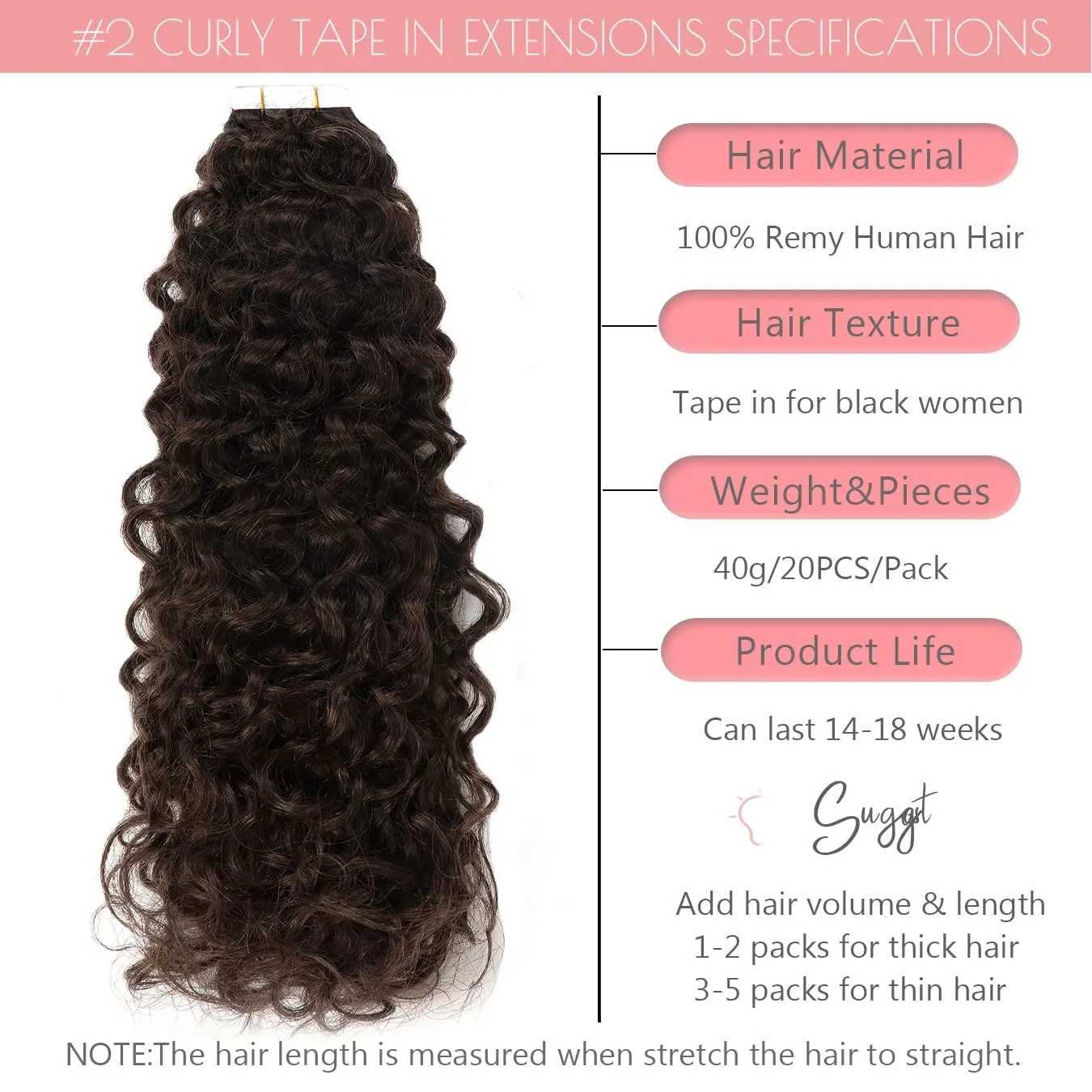 Loxxy Human Hair Extensions Tape in 14inch #2 Jerry Curly Invisible Seamless Skin Weft Darker Brown 100% Remy Human Hair Curly Extensions, with Extra Tape Bands 16pieces 40grams/per