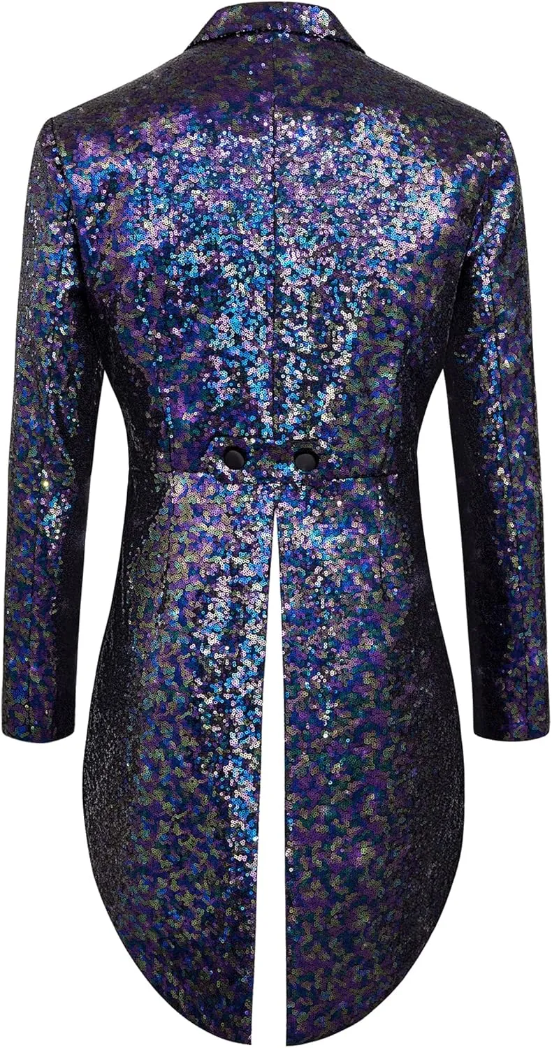 MAGE MALE Mens Sequin Tuxedo Jacket Tails Slim Fit Tailcoat Dress Coat Swallowtail Dinner Party Wedding Blazer Suit Jacket