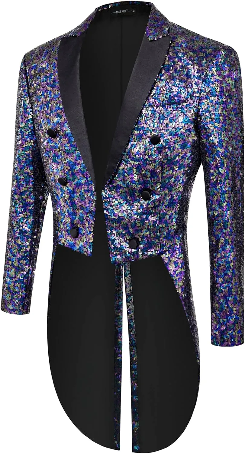 MAGE MALE Mens Sequin Tuxedo Jacket Tails Slim Fit Tailcoat Dress Coat Swallowtail Dinner Party Wedding Blazer Suit Jacket