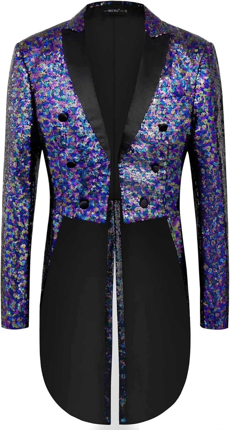 MAGE MALE Mens Sequin Tuxedo Jacket Tails Slim Fit Tailcoat Dress Coat Swallowtail Dinner Party Wedding Blazer Suit Jacket