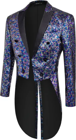 MAGE MALE Mens Sequin Tuxedo Jacket Tails Slim Fit Tailcoat Dress Coat Swallowtail Dinner Party Wedding Blazer Suit Jacket