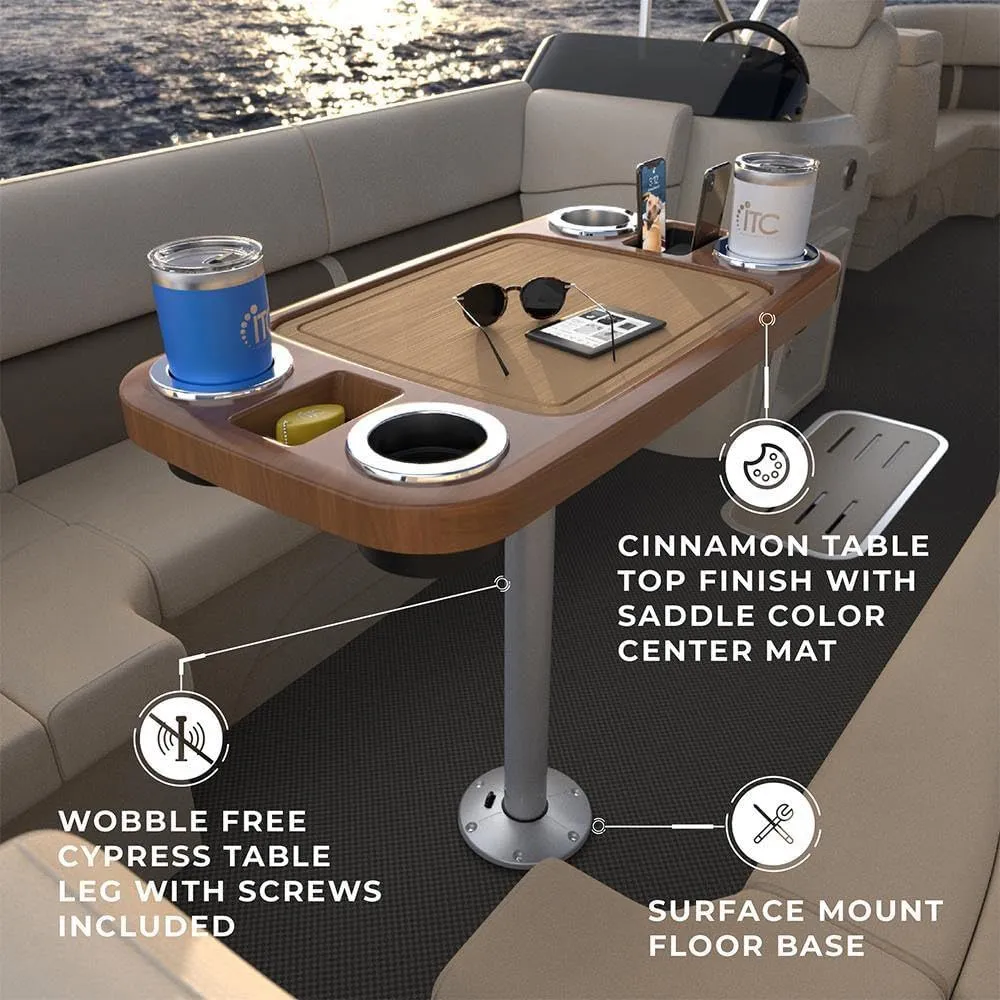 Manufacturers' Select ITC Boat Table Set - 18"x34" Removable Pontoon Boat Table with Center Non-Slip Mat, Pedestal Leg, 4 Drink Holders, & 2 Phone Stands (Cinnamon, Silver Leg, Saddle Brown Mat)