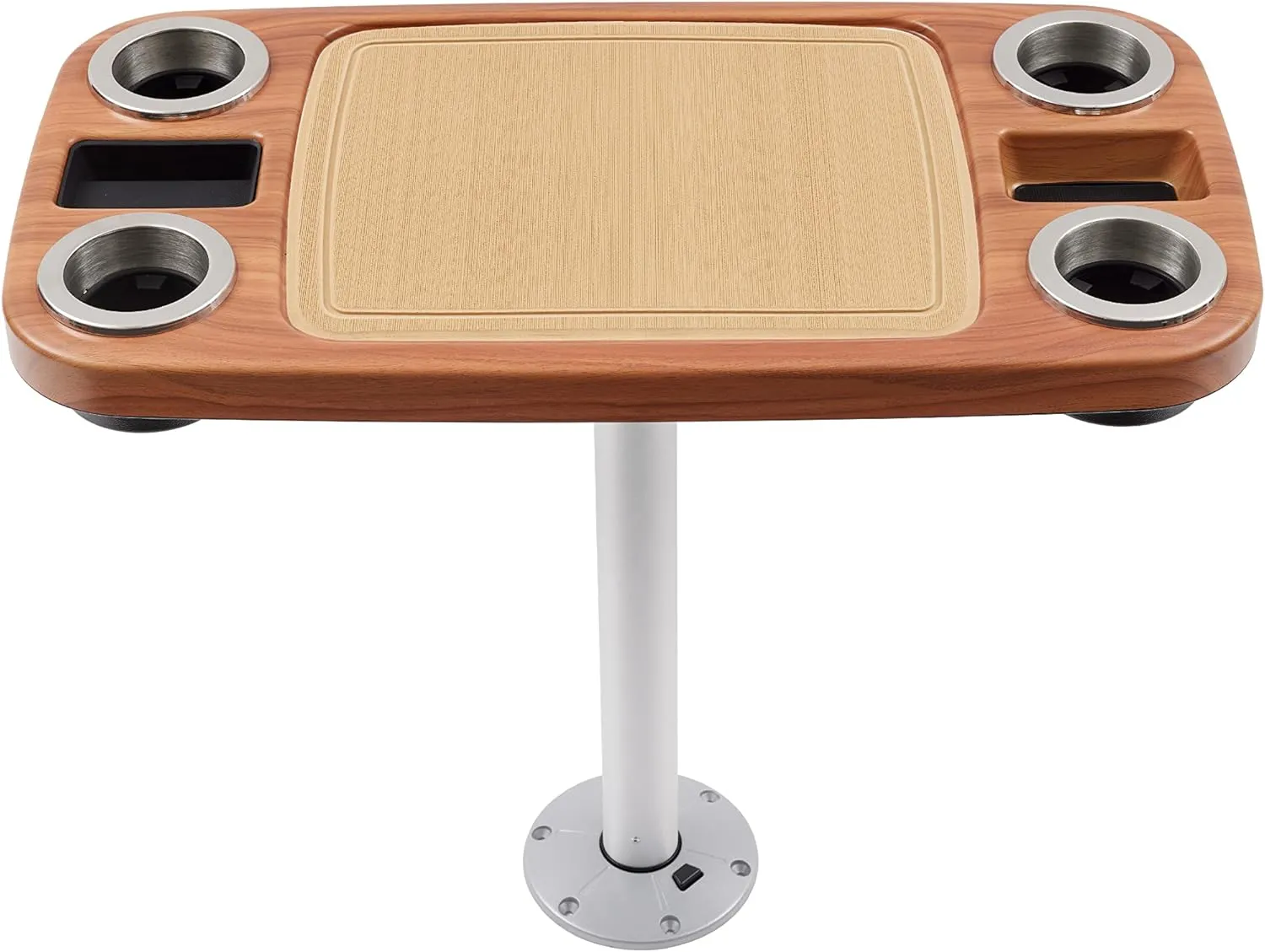 Manufacturers' Select ITC Boat Table Set - 18"x34" Removable Pontoon Boat Table with Center Non-Slip Mat, Pedestal Leg, 4 Drink Holders, & 2 Phone Stands (Cinnamon, Silver Leg, Saddle Brown Mat)