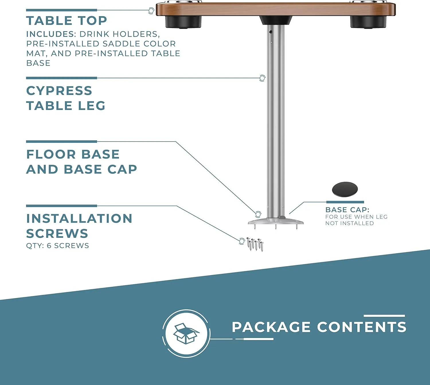 Manufacturers' Select ITC Boat Table Set - 18"x34" Removable Pontoon Boat Table with Center Non-Slip Mat, Pedestal Leg, 4 Drink Holders, & 2 Phone Stands (Cinnamon, Silver Leg, Saddle Brown Mat)