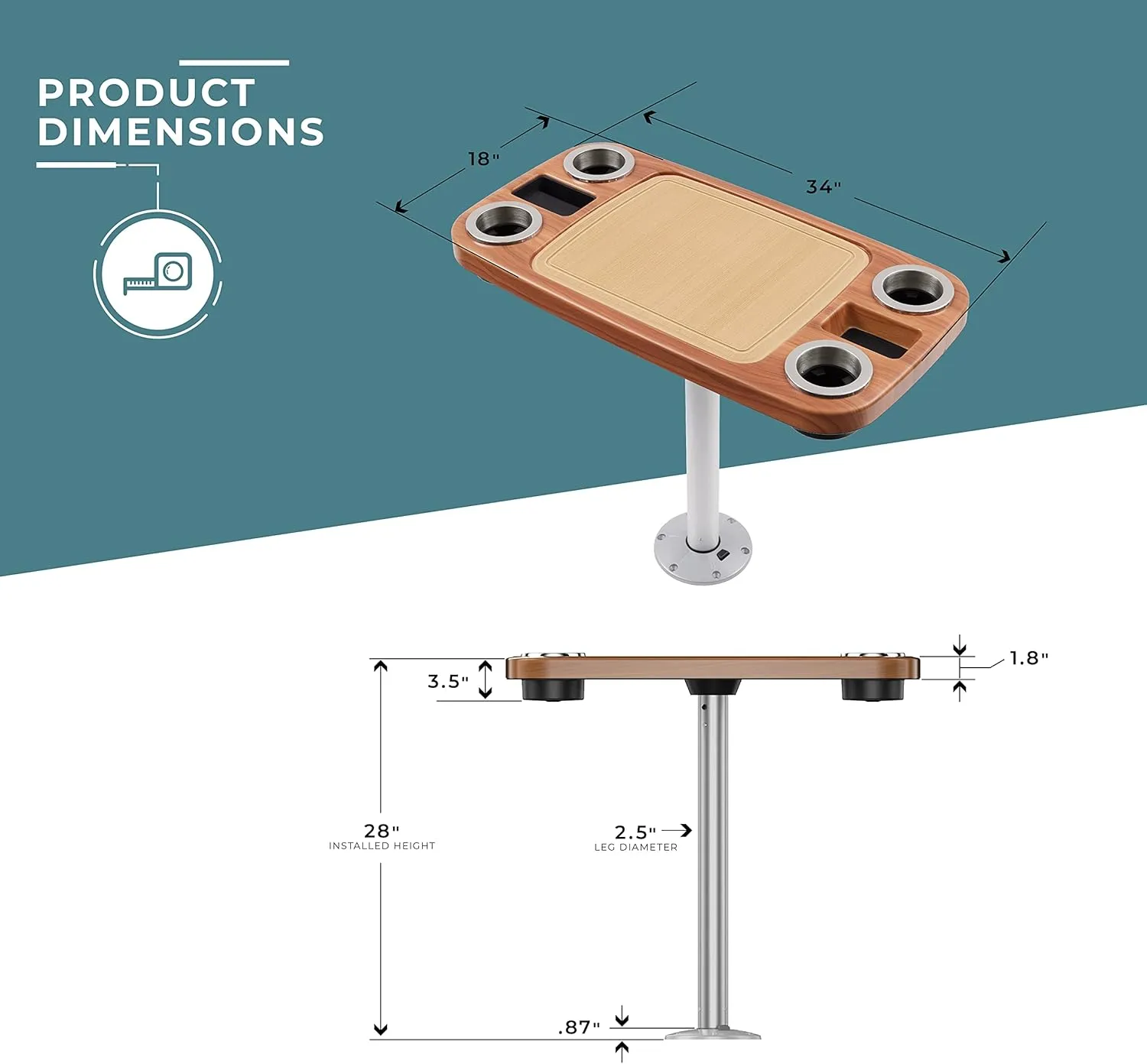 Manufacturers' Select ITC Boat Table Set - 18"x34" Removable Pontoon Boat Table with Center Non-Slip Mat, Pedestal Leg, 4 Drink Holders, & 2 Phone Stands (Cinnamon, Silver Leg, Saddle Brown Mat)