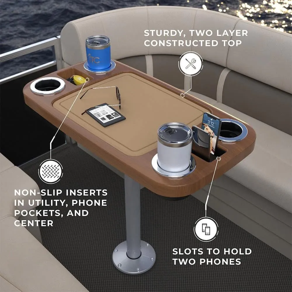Manufacturers' Select ITC Boat Table Set - 18"x34" Removable Pontoon Boat Table with Center Non-Slip Mat, Pedestal Leg, 4 Drink Holders, & 2 Phone Stands (Cinnamon, Silver Leg, Saddle Brown Mat)
