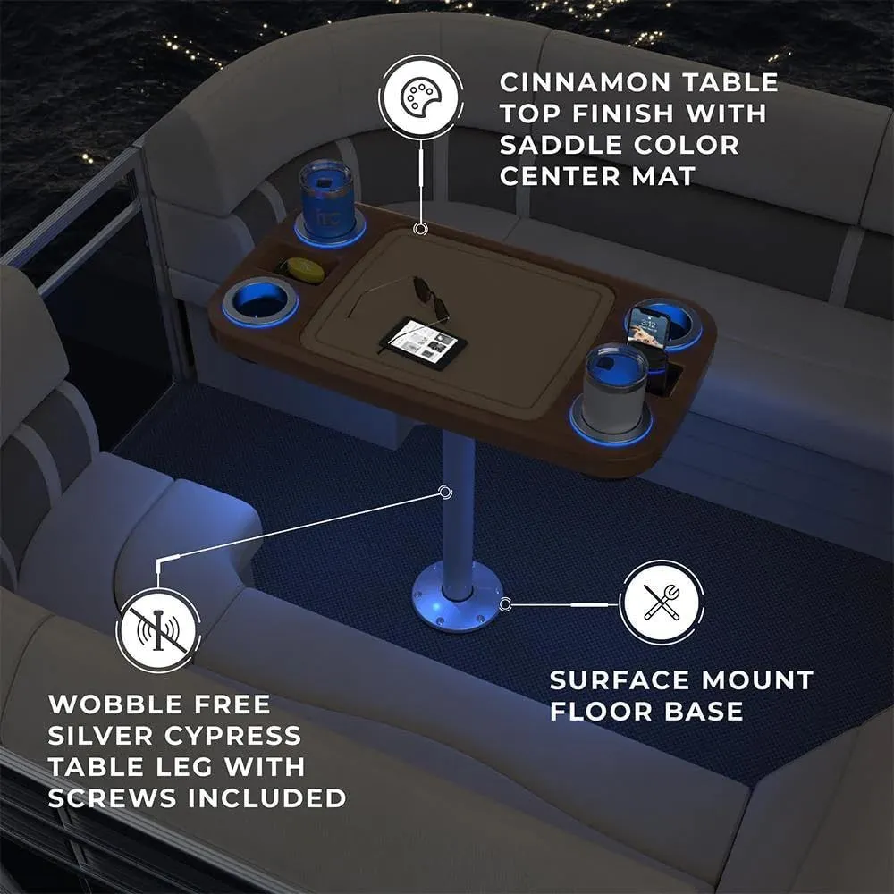 Manufacturers' Select ITC LED Lit Boat Table Set - 18"x34" Removable Pontoon Boat Table with Center Non-Slip Mat, Pedestal Leg, 4 LED Drink Holders, and 2 Phone Stands (Cinnamon Brown with Saddle Mat)