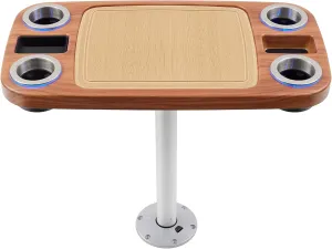 Manufacturers' Select ITC LED Lit Boat Table Set - 18"x34" Removable Pontoon Boat Table with Center Non-Slip Mat, Pedestal Leg, 4 LED Drink Holders, and 2 Phone Stands (Cinnamon Brown with Saddle Mat)