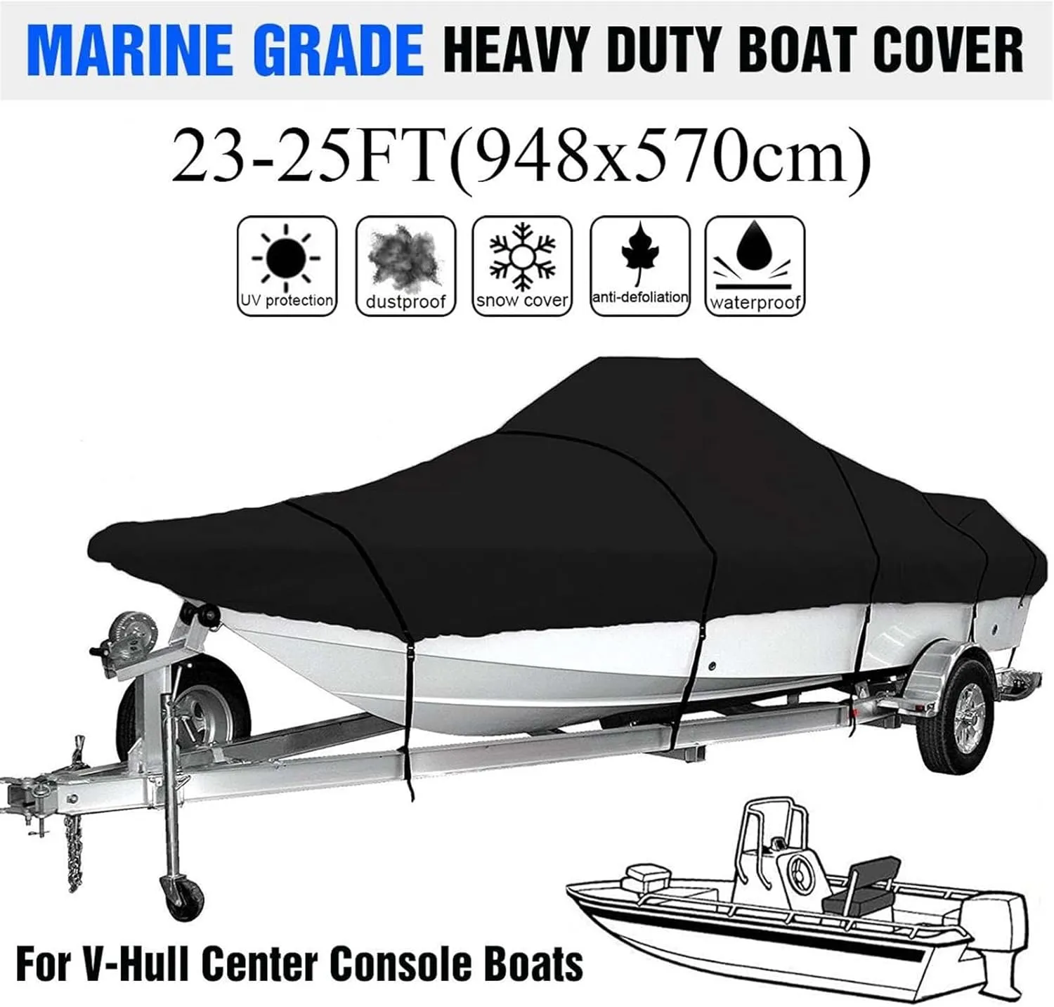 Marine Accessories 17ft-25ft Heavy-Duty Trailerable Boat Cover 600D Waterproof Fish-Ski V-Hull Boat Mooring Cover Dust-Proof Anti-UV Protection(23-25ft)