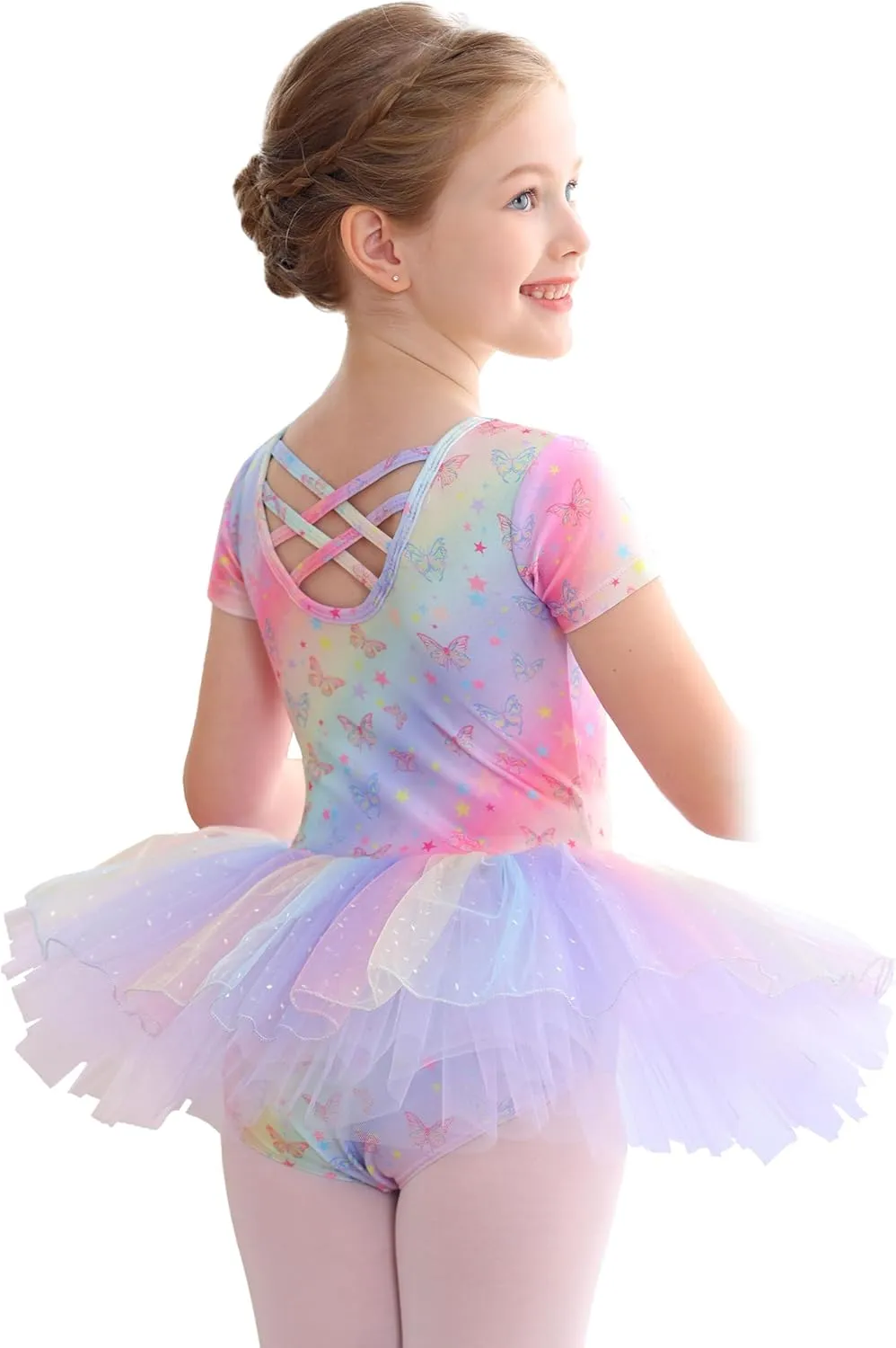 MdnMd Fly Short Sleeve Lace Dance Ballet Tutu Leotard Ballerina Outfit for Toddler Girls