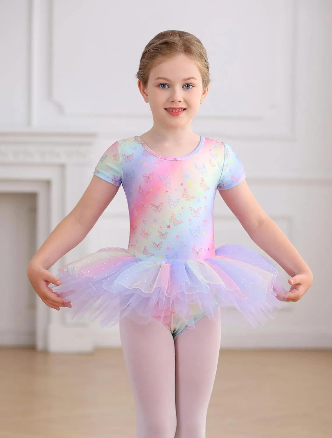 MdnMd Fly Short Sleeve Lace Dance Ballet Tutu Leotard Ballerina Outfit for Toddler Girls