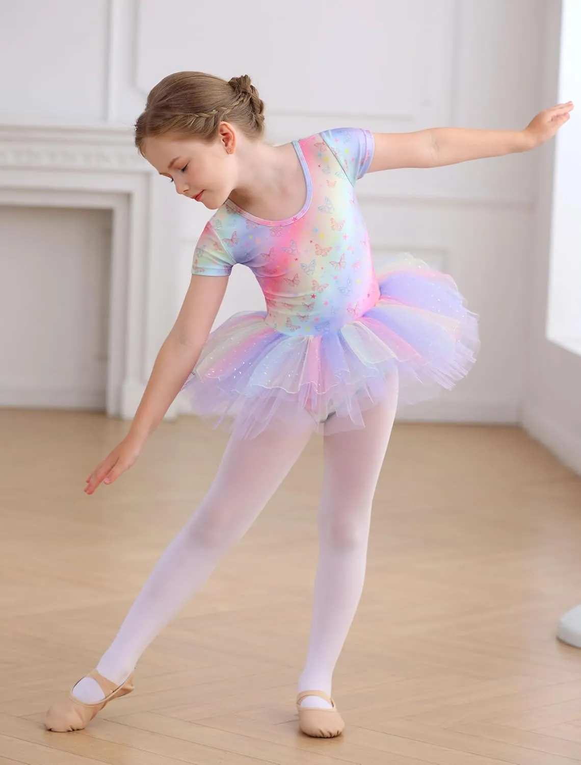 MdnMd Fly Short Sleeve Lace Dance Ballet Tutu Leotard Ballerina Outfit for Toddler Girls